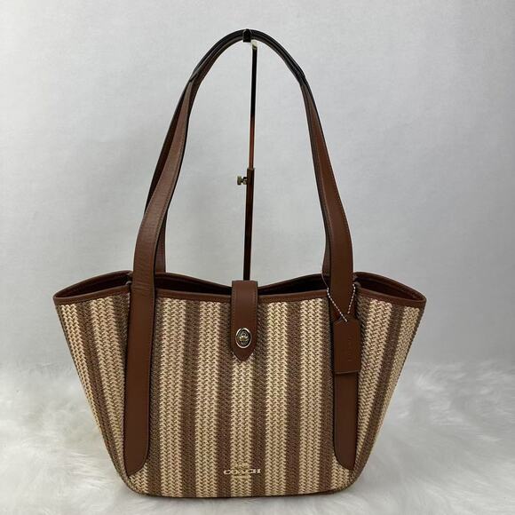 COACH Hadley Turnlock Tote Bag In Straw and Leather/Gold/Redwood Multi CBG92 NWT - Picture 1 of 8